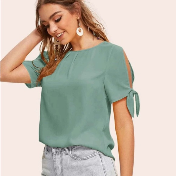 NEW! Short Sleeve Teal Top with cut out tie sleeves. Business Attire Casual Top - Picture 1 of 4